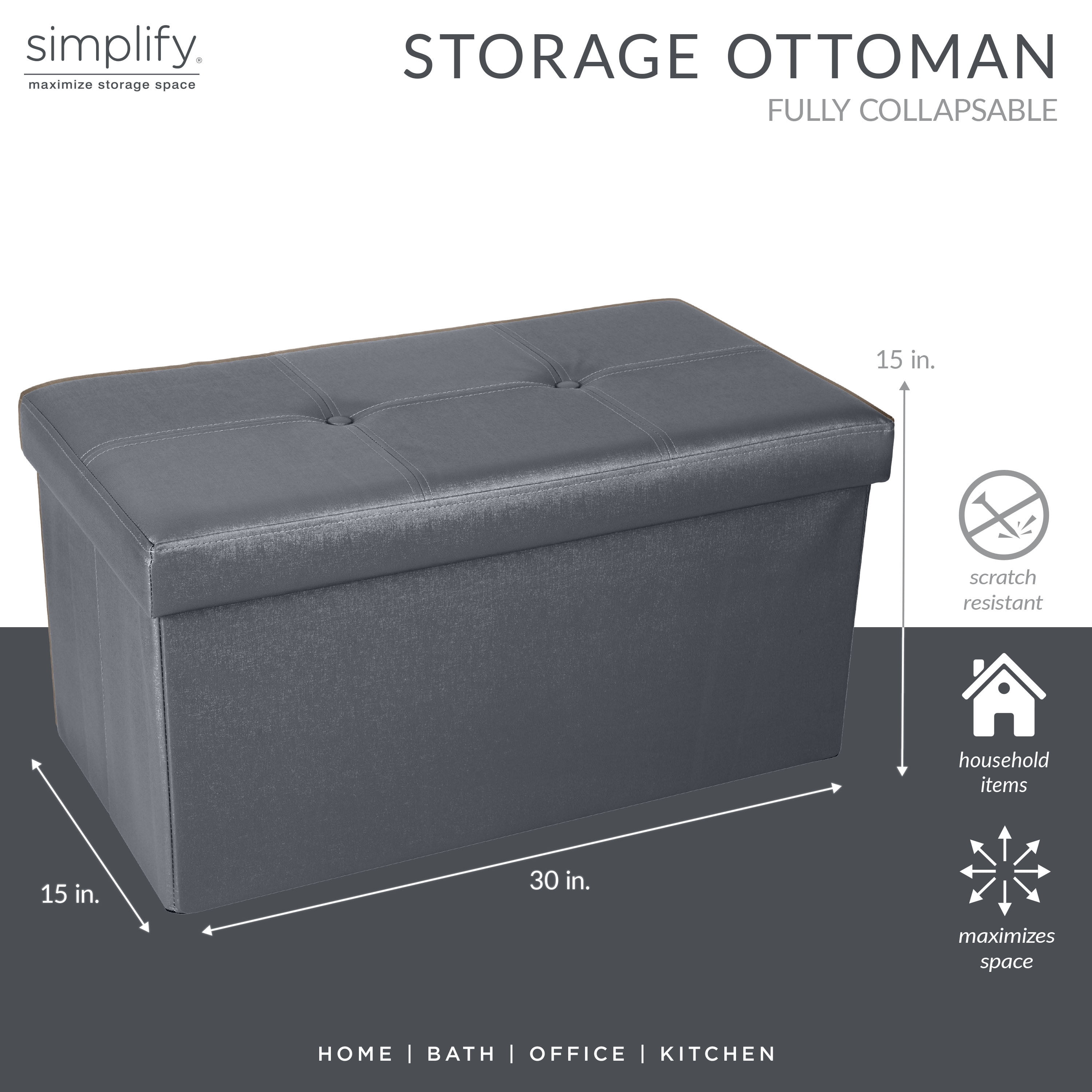 Simplify Faux Leather Double Folding Storage Ottoman Metallic Pewter