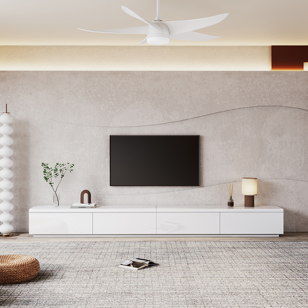 POVISON 118" Modern White Matte TV Stand，Minimalist Large Entertainment Center for up to 100 Inch TV with 4 Drawers