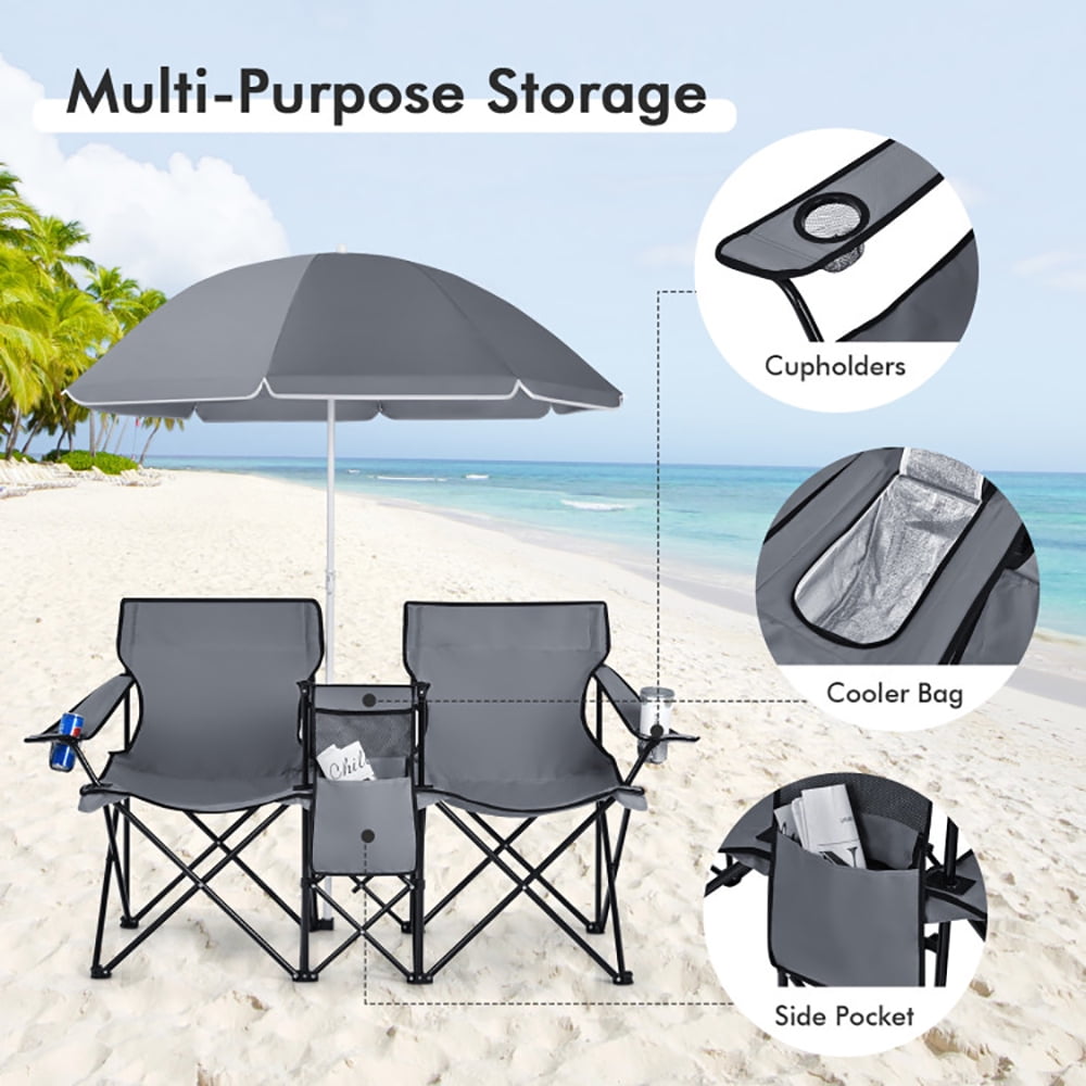 Aimee Lii Portable Folding Picnic Double Chair With Umbrella, Outdoor Beach Chair with Umbrella, Gray Aimee Lii Portable Folding Picnic Double Chair With Umbrella, Outdoor Beach Chair with Umbrella, Gray