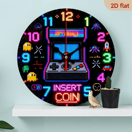 A 10-inch 2D flat Neon Game Machine themed wooden circular wall clock, suitable for decoration in bedrooms, living rooms, and offices. It is an ideal gift for Christmas and New Year.