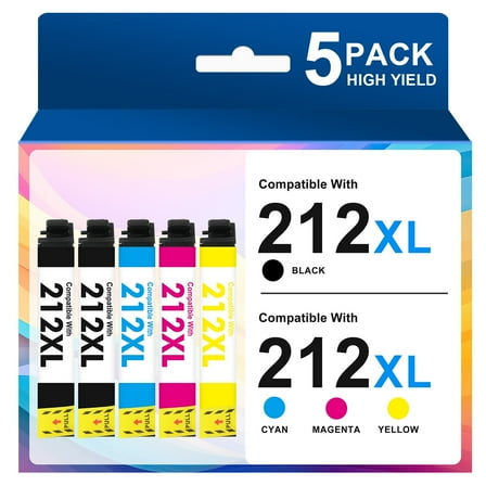 212XL Ink Cartridges 5-Pack, Compatible for Epson 212XL 212 Printer Ink Combo Pack for WorkForce WF-2850 WF-2830 Expression Home XP-4100 XP-4105 ( 2 x Black, Cyan, Magenta, Yellow )