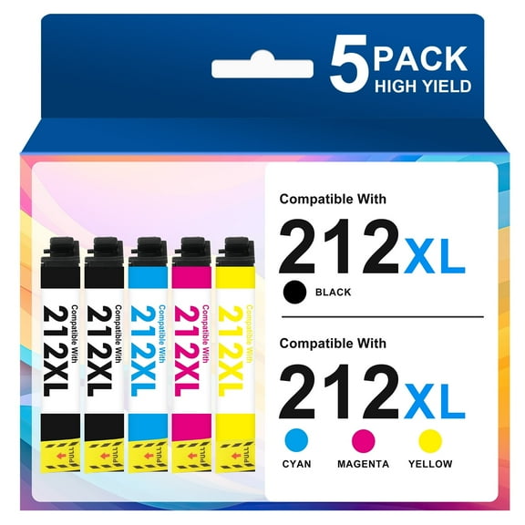 212XL Ink Cartridges 5-Pack, Compatible for Epson 212XL 212 Printer Ink Combo Pack for WorkForce WF-2850 WF-2830 Expression Home XP-4100 XP-4105 ( 2 x Black, Cyan, Magenta, Yellow )