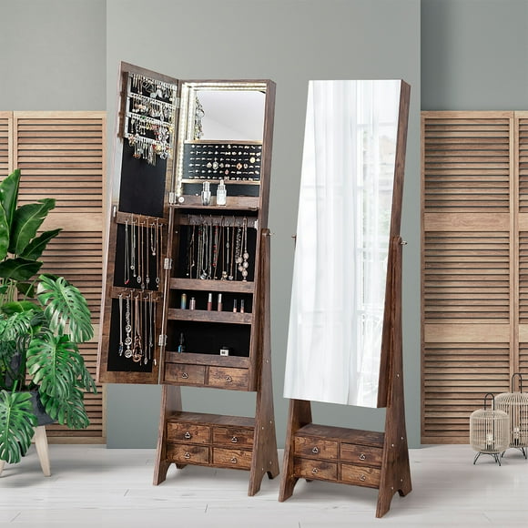 Gymax Jewelry Cabinet Armoire Full Length LED Mirror W/ Makeup Shelf & 6 Drawers
