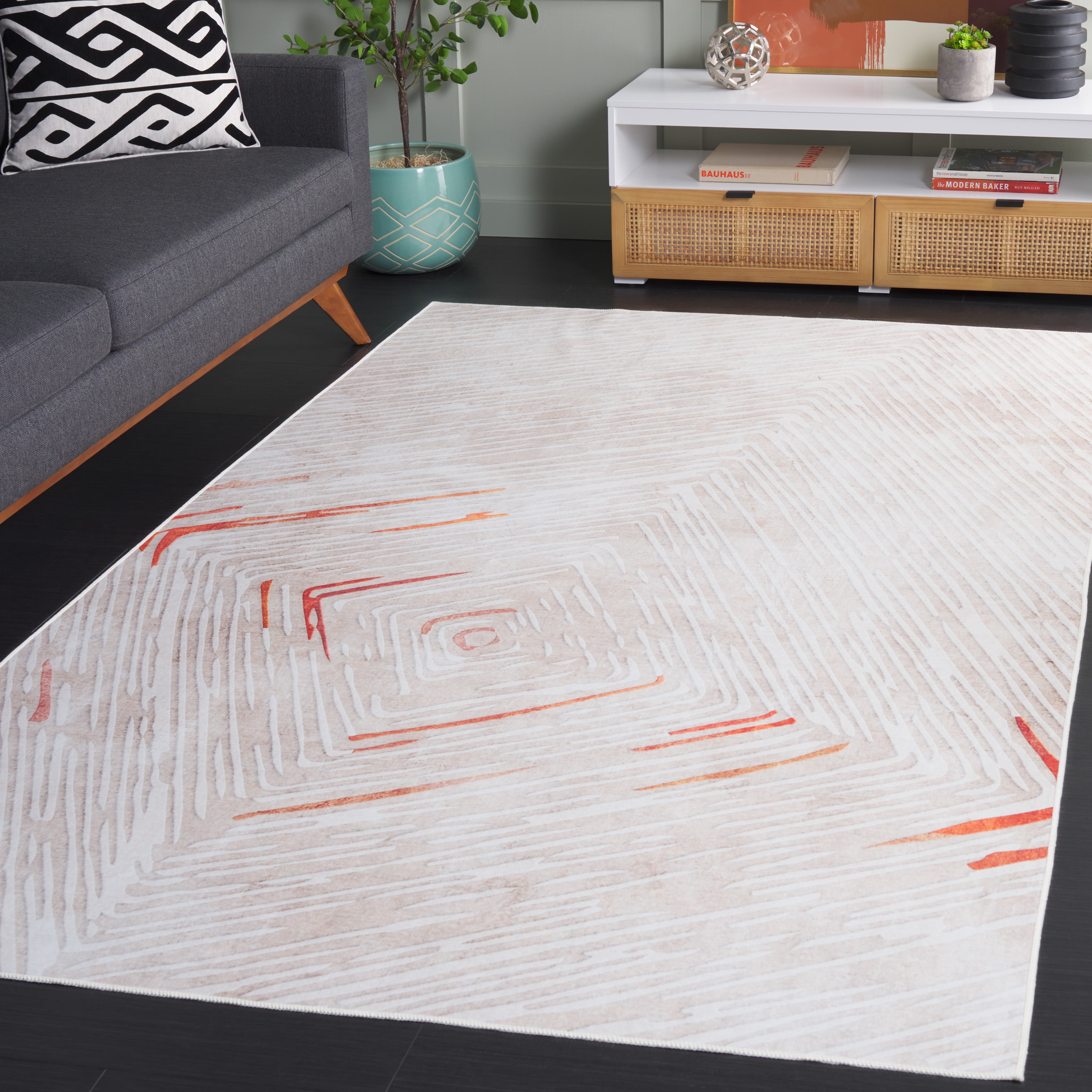 SAFAVIEH Malibu Cordelia Geometric Machine Washable Area Rug, Beige/Rust, 6' x 9'