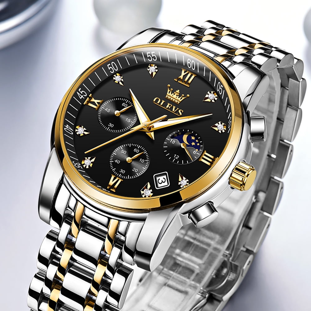 OLEVS Watches for Men, Mens Watches Gifts for Men Chronograph Analog Quartz Luxury Casual Classic Diamond Waterproof Luminous Stainless Steel Reloj para Hombre Black Dial