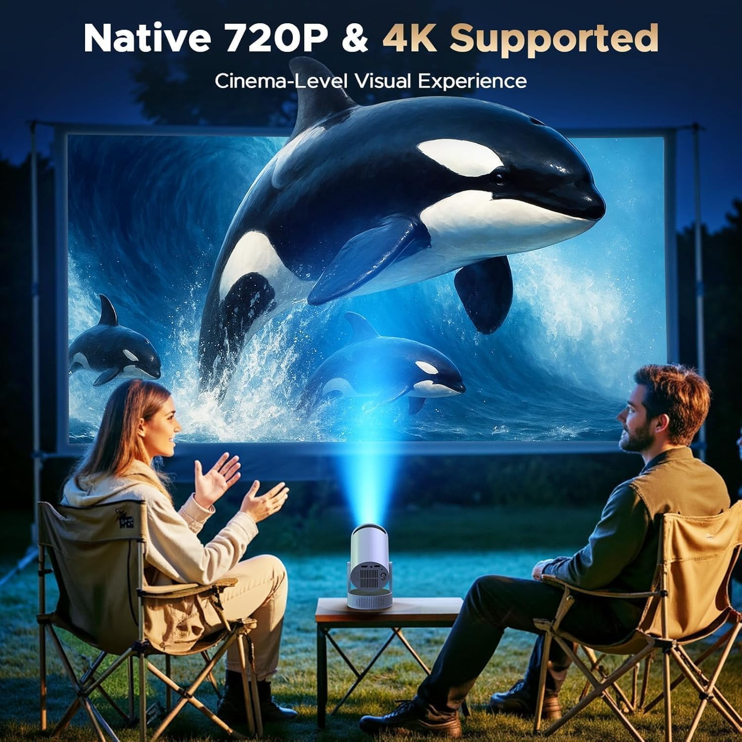 CAMPARK Mini Projector, Projector with Wifi and Bluetooth Built-in Battery 4K Portable Projector for Outdoor Bedroom, Smart Projectors 1080P Compatible with iphone/TV Stick/HDMI/Laptop