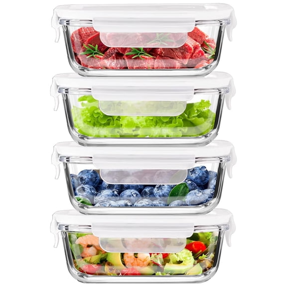 Topboutique Glass Food Storage Containers 4 Pcs Glass Meal Prep Containers Airtight Containers with Lids,BPA-Free,Snap-Lock,Microwave/Oven/Freezer Safe,14 oz/410 ml