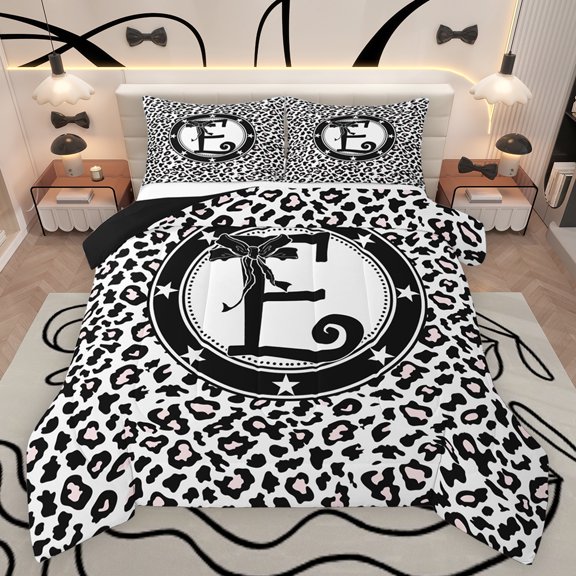 Feelyou Initial E Letter Queen Comforter Set for Teen, Black White Fashion Bow-tie Bedding Sets, Chic Cheetah Print Reversible Bedding Comforter Set, Lightweight Room Decor, 3 Pieces