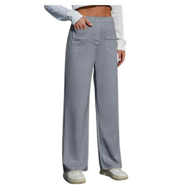 WEIYLL Womens Pants Work Straight Wide Leg Button Down High Elastic Waisted Pockets Grey Trousers size S