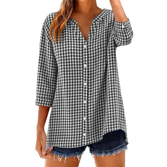 Ladies Tops and Blouses Fashion Casual Printed Shirts 3/4 Sleeve Button Down Shirts for Women