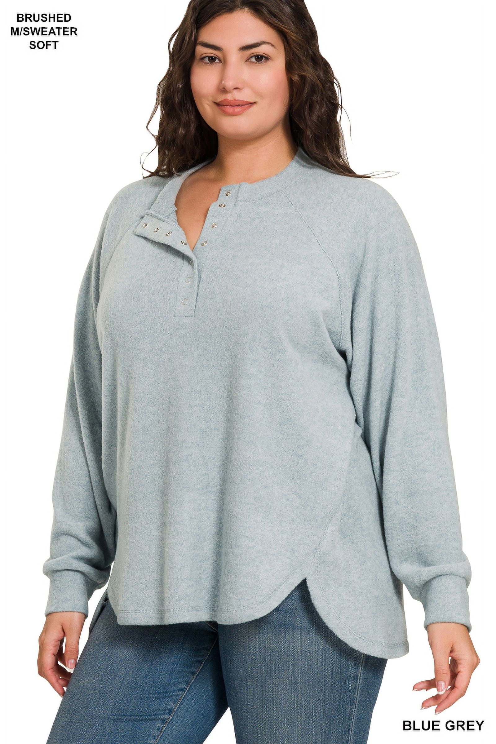 Zenana Women's Casual Brushed Melange Hacci Relaxed Fit 7-Button Henley Placket Light Sweater
