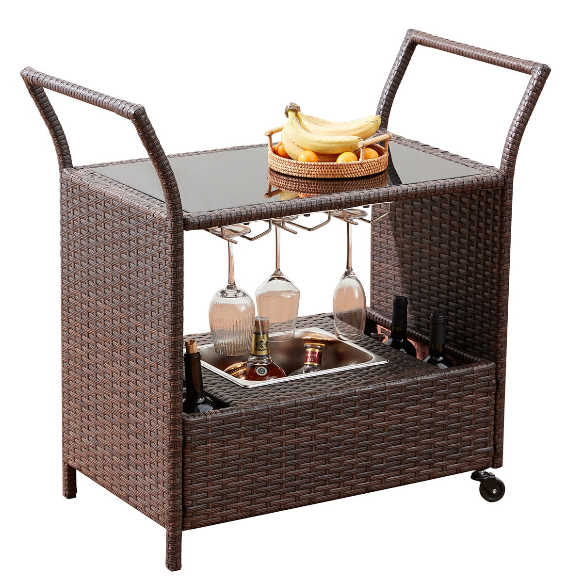 Erommy Outdoor Wicker Bar Cart,Rolling Patio Wine Cart  with Ice Bucket,Glass Countertop, Wine Glass Holders,Rattan Bar Serving Cart for Pool, Party, Backyard