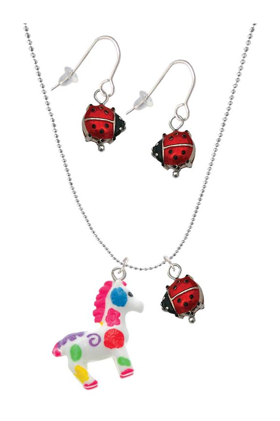 Resin Bright Paint Pony Red Lucky Ladybug Necklace and Dangle Earrings Set