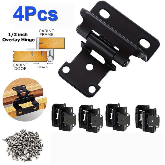 RIDWIND 4 Pack (2 Pair) Matte Black Self-Closing Cabinet Hinges, 1/2" Overlay Semi-Concealed Hinges for Flush Mount Face Frame Kitchen Doors