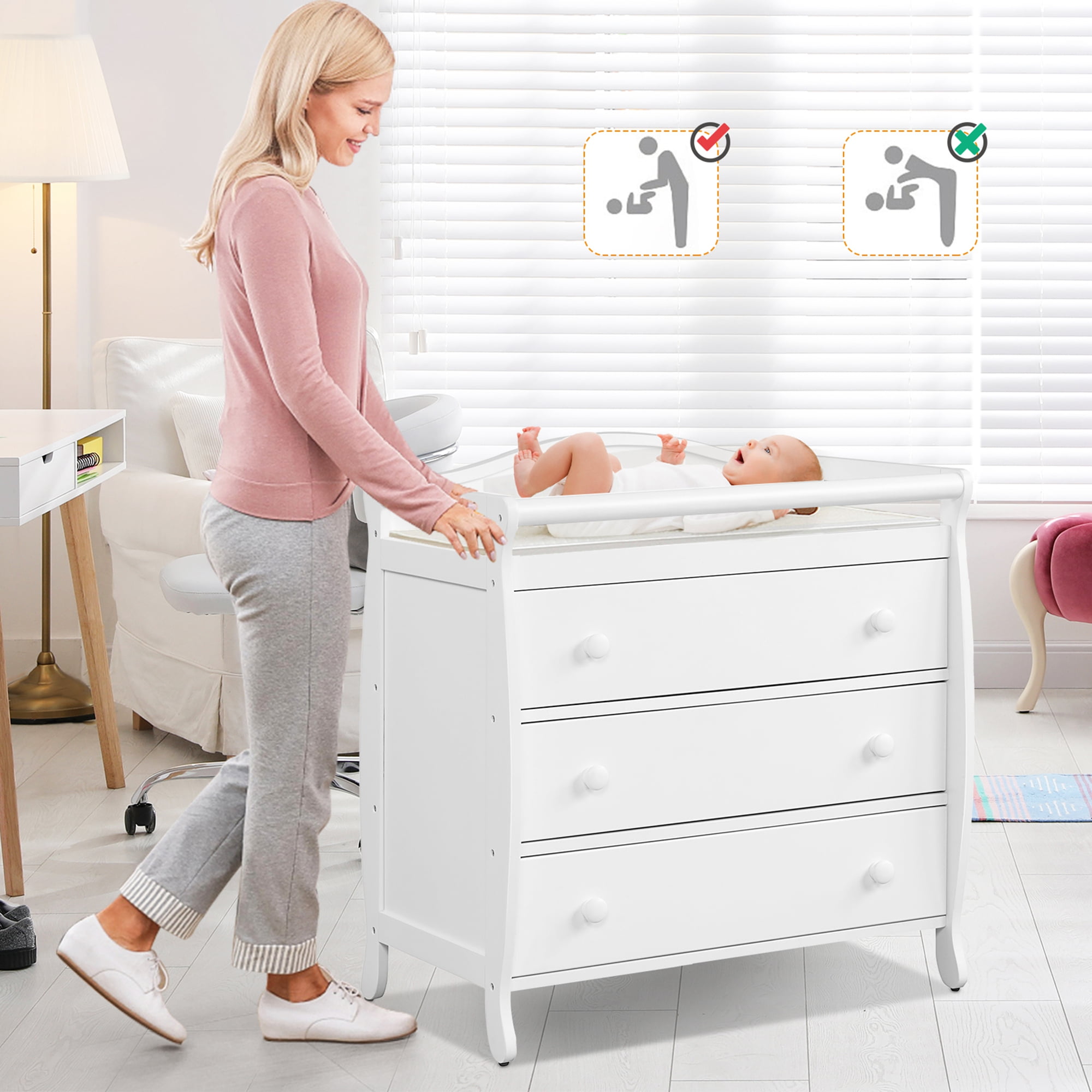 Costway Grey 3 Drawer Baby Changing Table Infant Diaper Changing Station  w/Safety Belt BB5762GR - The Home Depot