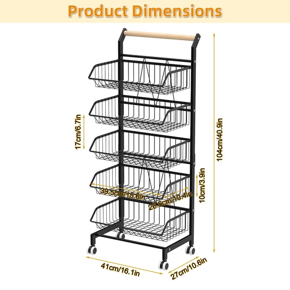 Porfeet Fruit Vegetable Basket, 5-Tier Adjustable Rolling Pantry Kitchen Cart on Wheels, Metal Wire Storage Basket Cart for Fruit, Potato, Onion, Vegetable, Snack, Produce,Black