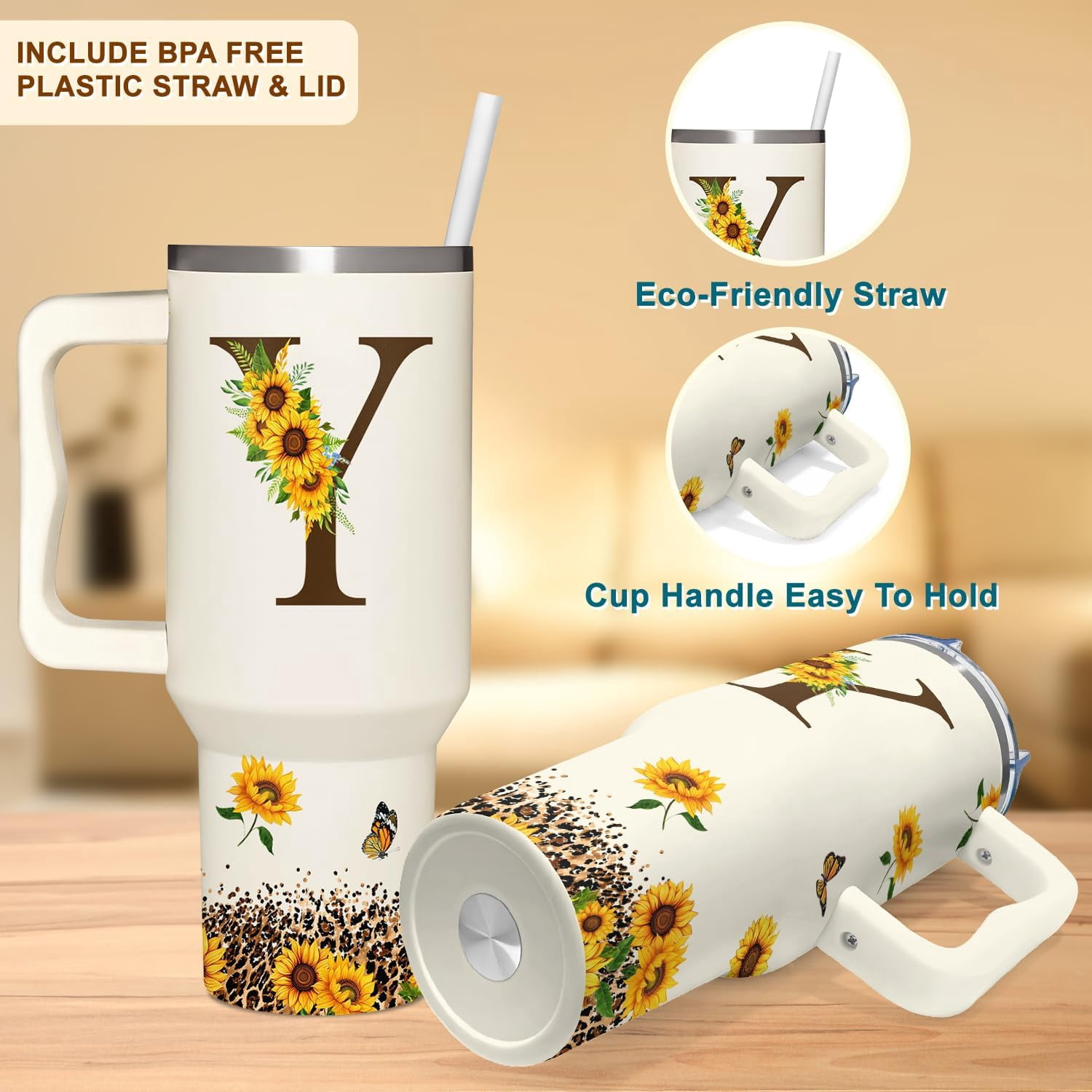 Personalized Birthday Gifts For Women - Sunflowers Monogrammed Cup For Boss Day, Christmas - Customized Gifts For Women, Mom, Wife, Coworkers, Boss Lady, Her - Custom Tumbler With Handle 40oz