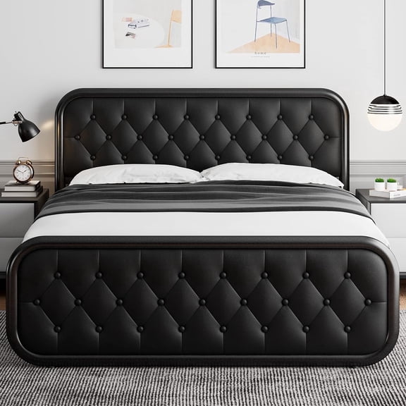 Honfach Full Size Metal Bed Frame with Leather Headboard, Heavy-Duty Platform Bed Frame, Thicker Metal Steel Slats Support, 12'' Under-Bed Space, Black