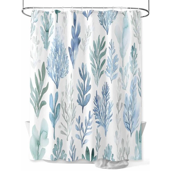 Fsddascl Blue Green Botanical Shower Curtain Set - 36" x 78" Washable Bathtub Curtain with 12 Hooks, Retro Summer Watercolor Leaf Plant Waterproof Fabric Stall Shower Curtains for Bathroom/Bathtub