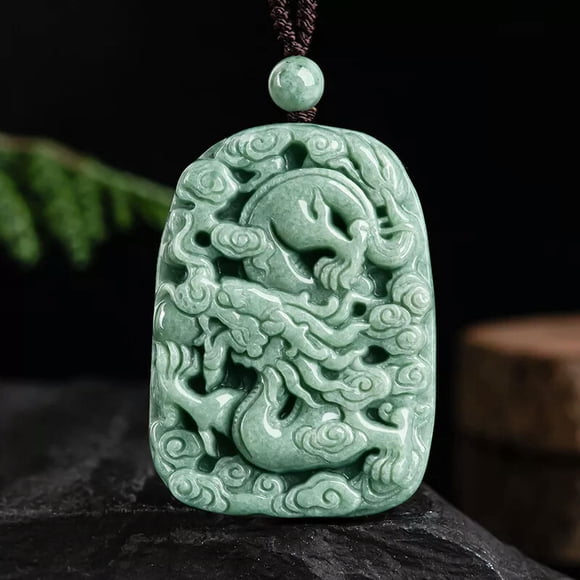HOOUN Chinese Natural Emerald Pea Green Zodiac Dragon Jade Pendant “龙腾九霄” Necklace