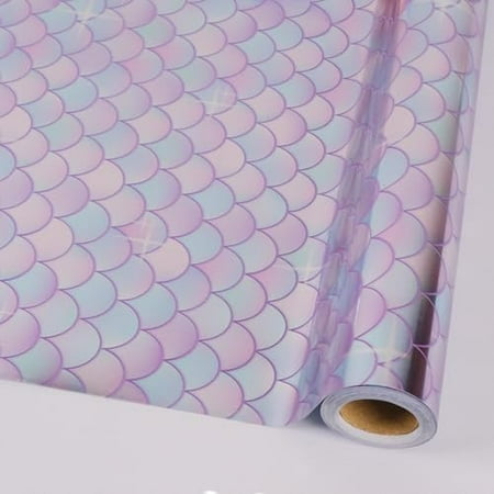 Mermaid Scale Wrapping Paper for Girls Kids - 17 Inch X 32 Feet Mini Roll Under Sunlight Glittering Birthday Wrapping Paper Roll for All Occasions, Birthday, Baby Shower Present Wrap