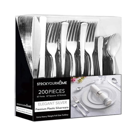 Silver Plastic Silverware Set (200-Pack) – Disposable Heavy Duty Cutlery, 67 Forks, 67 Knives, 67 Spoons for Parties, Weddings, Dinners & Holidays