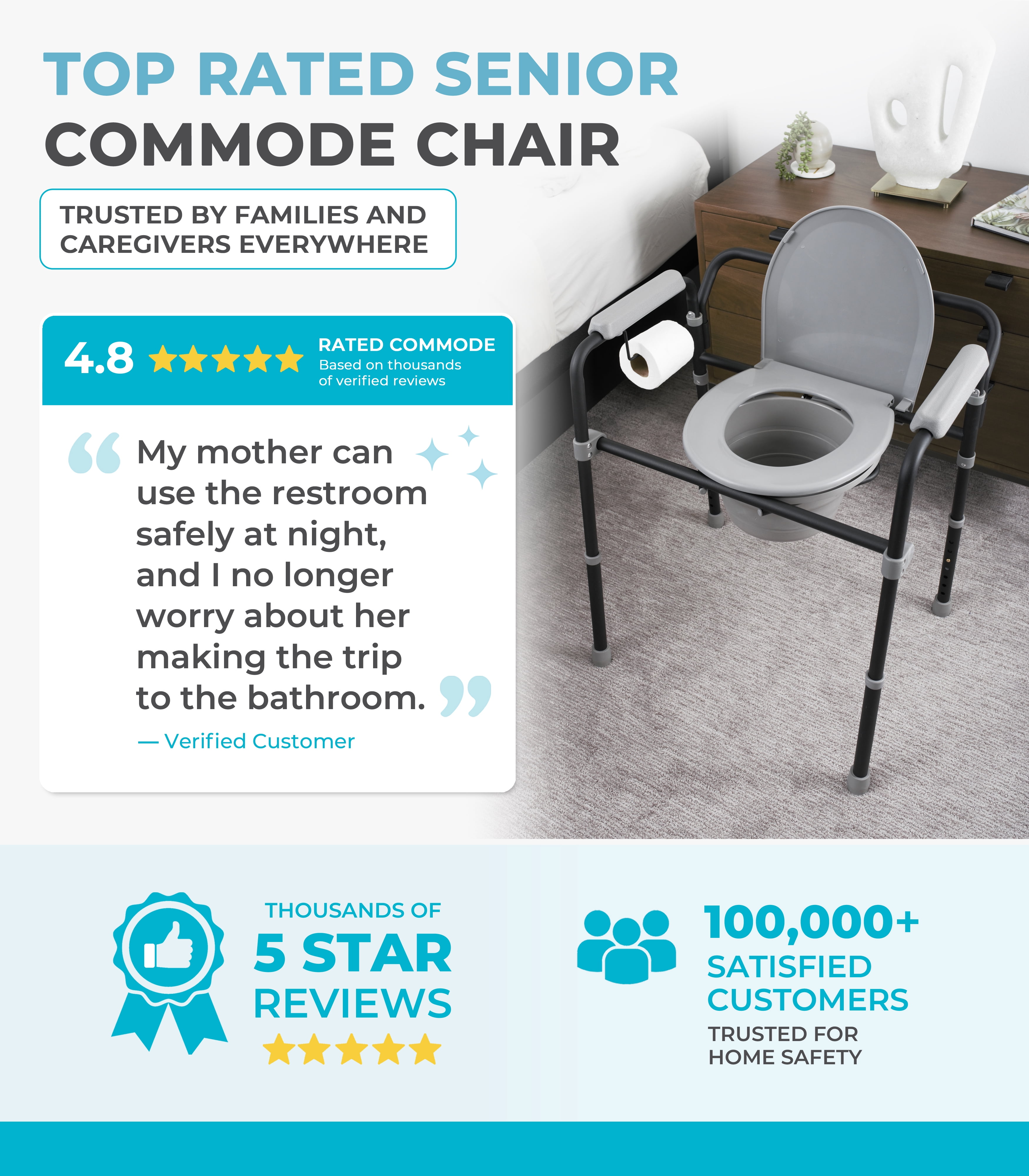 Able Life Bedside Commode, Extra Wide 3-in-1 Toilet Safety Rail, Shower Chair, Portable Toilet for Seniors and Elderly Adults, Commode Chair, Black