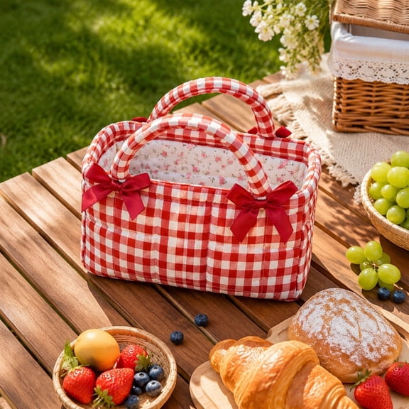 YAMB Vintage Red Check Quilted Storage Basket, Padded Organizer, Double-Layer Floral Lining