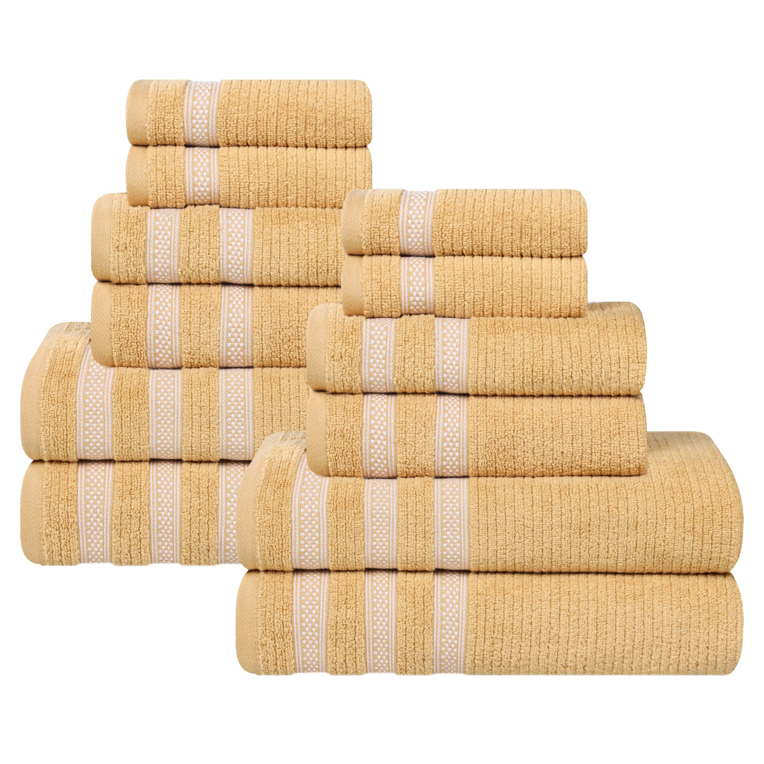 Superior Zero Twist Cotton Ribbed Geometric 12-Piece Towel Set, Ultra Soft Quick Dry, Gold