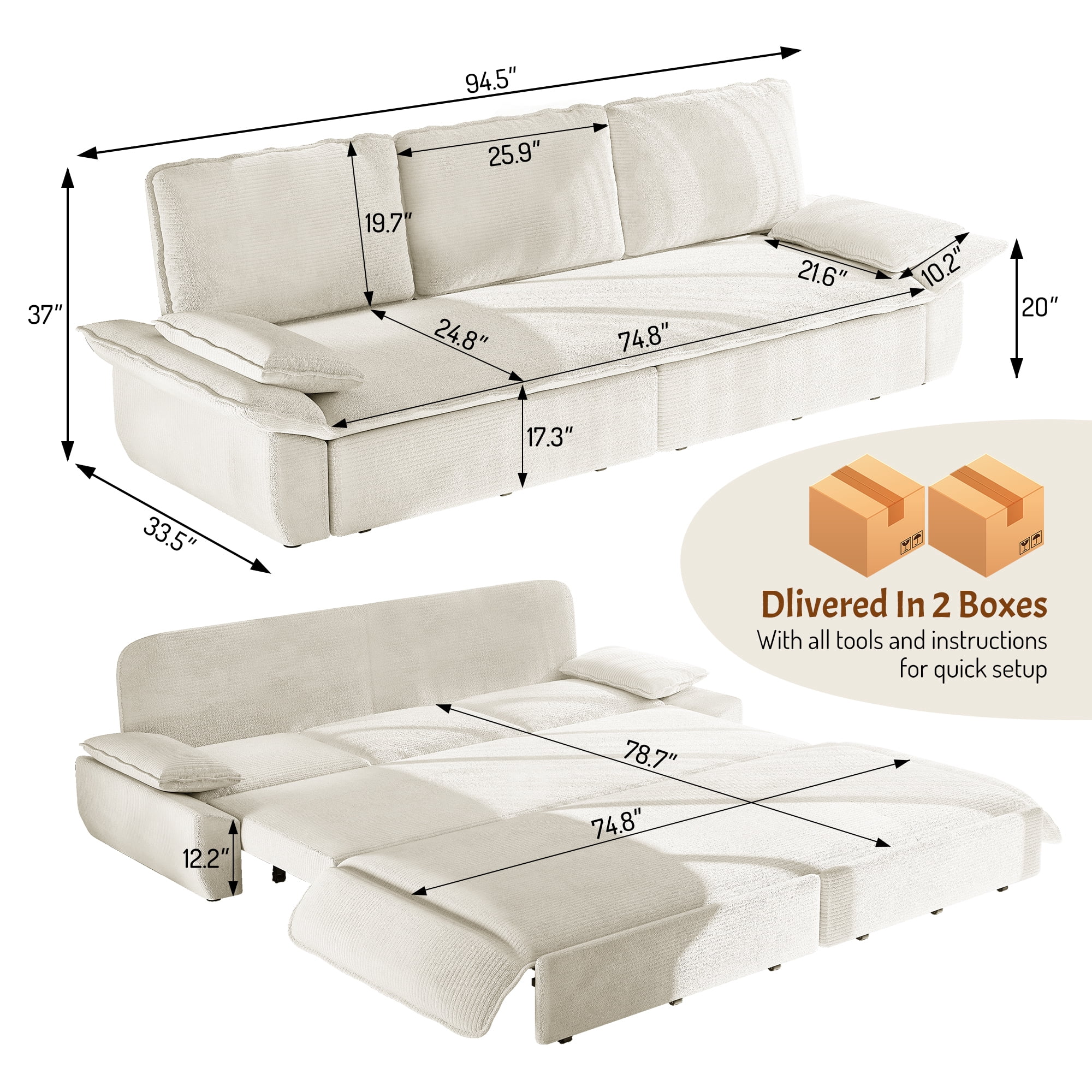 Leumius 94.5" Pull Out Sofa, King Size 3-in-1 Convertible Sleeper Sofa Bed, Multi-Functional Corduroy Bed for Living Room Bedroom White