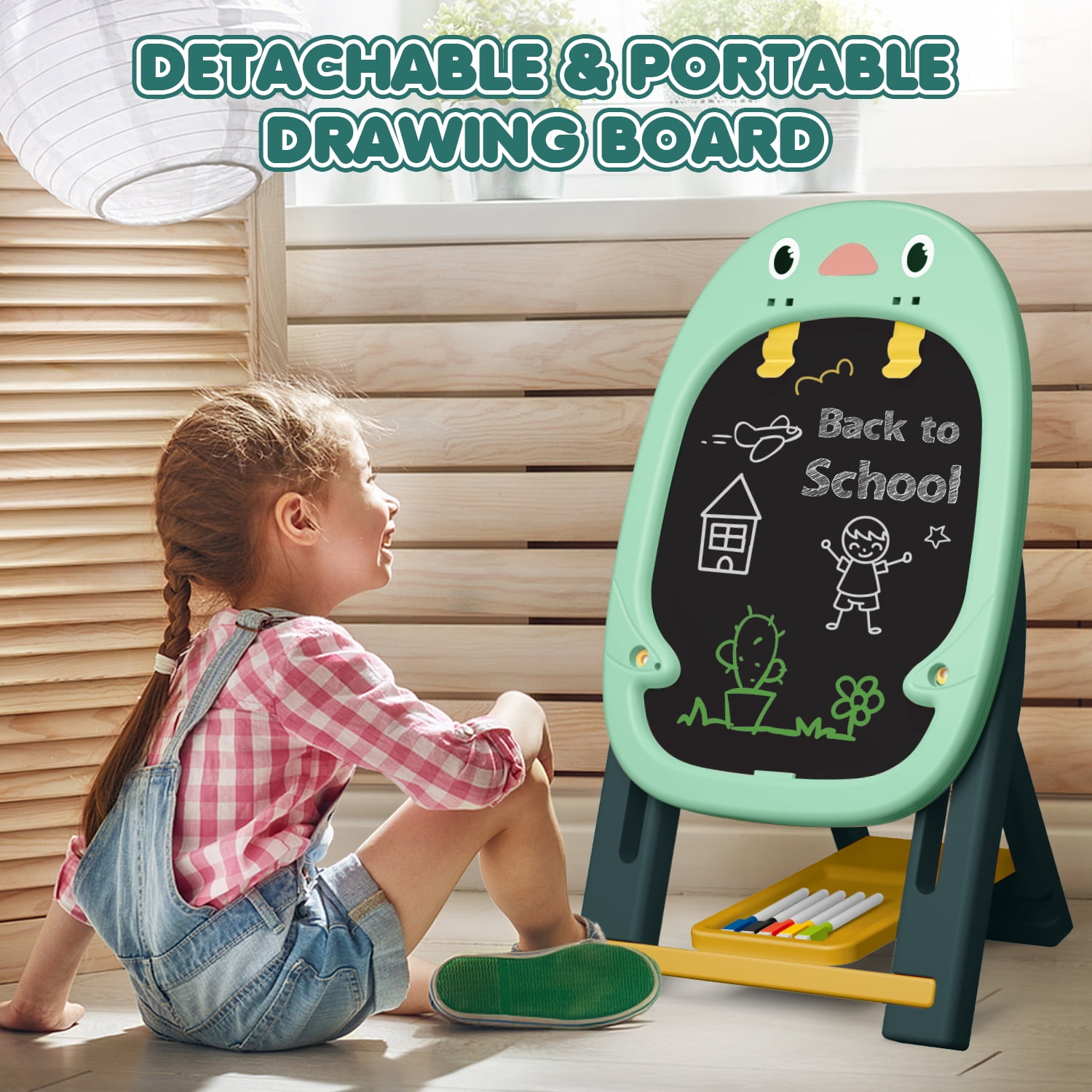 Huge Wave Easel for Kids, Art Easel for Toddler with White Board & Chalk Board, with Board Games Cards and Painting Accessories, Christmas Gift for Boys Girls Age 2-6 (Green)