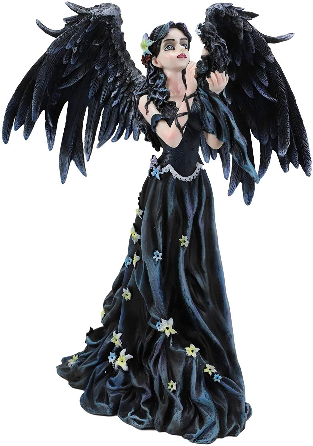Ebros Gothic Raven Crow Angel in Black Floral Gown Statue