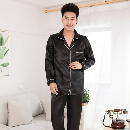 

GXSR Men Faux Silk Satin Long Sleeve Sleepwear Pajamas Set Loungewear Night Gown