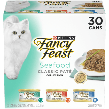 (30 Pack) Fancy Feast Grain Free Pate Wet Cat Food Variety Pack, Seafood Classic Pate Collection, 3 oz.