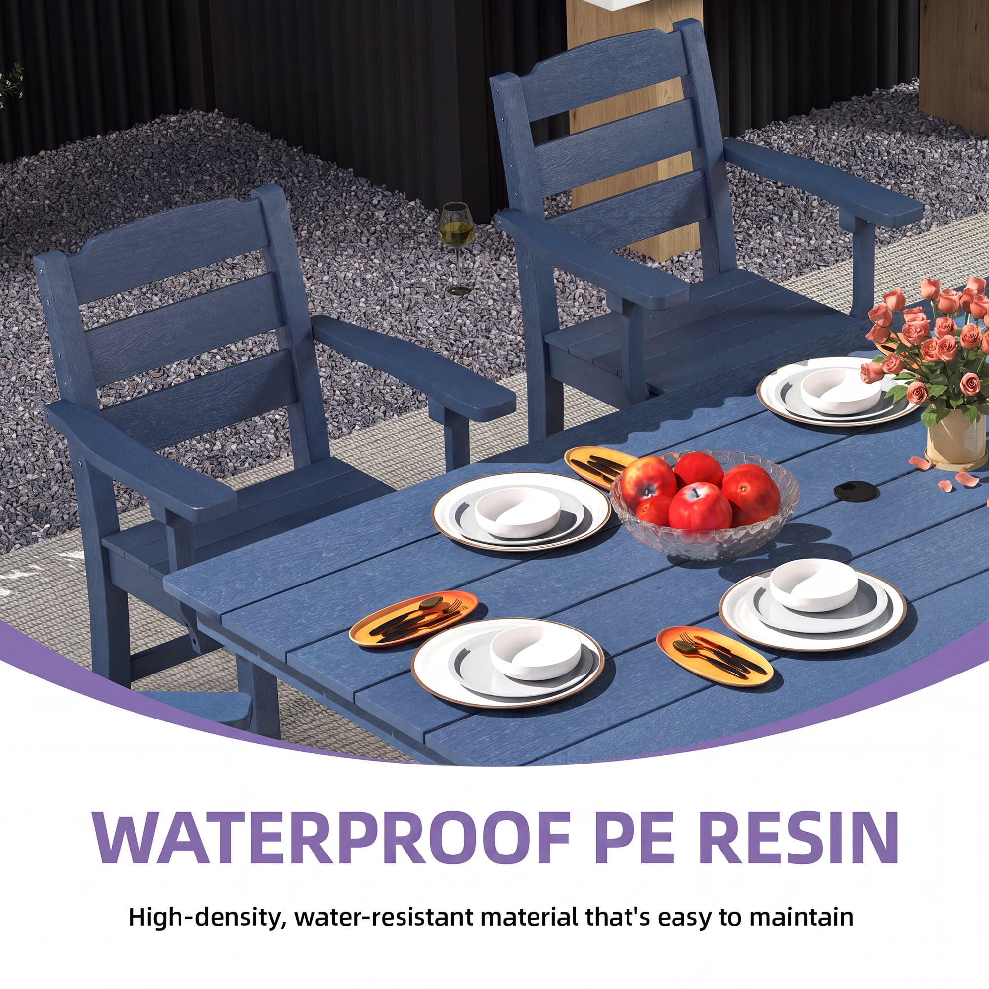 Uforic 2 Pack Outdoor Dining Chairs, Heavy Duty All-Weather HIPS Patio Chairs, Wood Grain Design, 385 LBS Load Capacity, Garden Backyard Poolside Furniture, Navy Blue