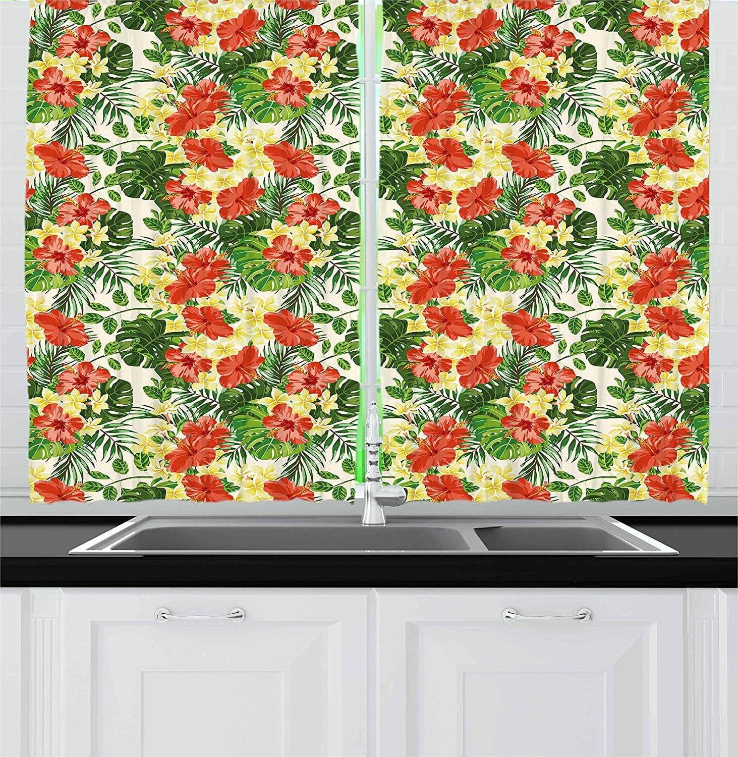 Tropical Kitchen Curtains By Exotic Pattern With Plumeria Hibiscus Monstera Plam Flowers And Leaves Window Ds 2 Panels Set For Cafe 55 W X 39 L Inches Ambesonne Com Tropical Kitchen Curtains By Exotic, Tropical Themed Kitchen Curtains