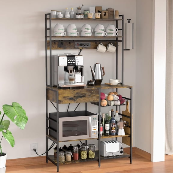 【HOSTK】6 Tier Large Brown Bakers Rack with Power Outlet, Adjustable Shelves & Drawer - Microwave Stand Coffee Bar Table with Pull-Out Baskets, Paper Towel Holder & 12 Hooks - Kitchen Storage Shelf