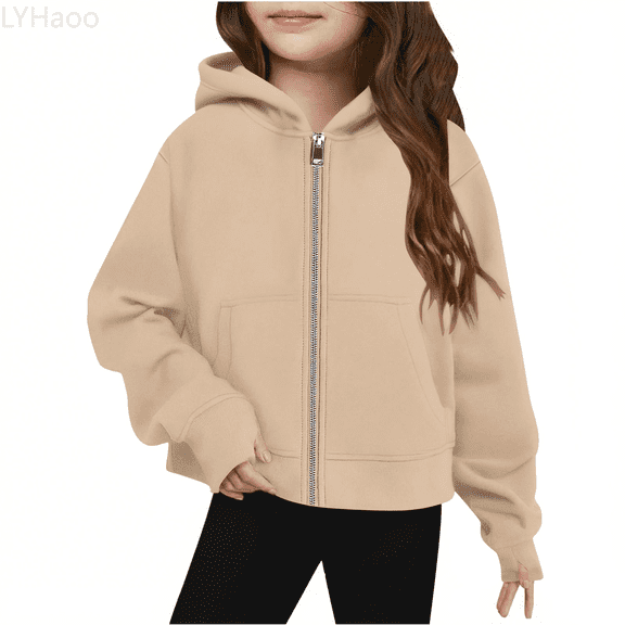 LYHaoo Girls Zip Up Hoodies Teen Hooded Sweatshirts Jackets Kids Fall Fashion Outfits Winter Casual Hoodies Sweatshirts Sizes 13-14 Years(Beige)