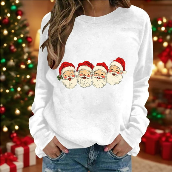 Womens Long Sleeve Crewneck Tops Christmas Printed Thin Lightweight Sweatshirt Loose Fit Holiday Xmas Pullovers (XL, White 04)