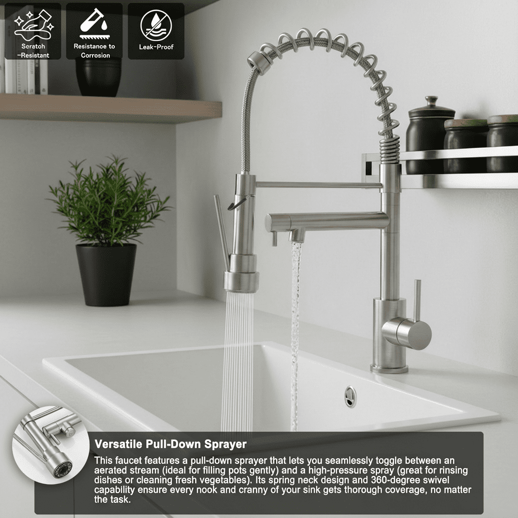 Kitchen Faucet with Pull Down Sprayer,Touch On Single Handle 2-Function Stainless Steel Spring Neck,Single Hole Installation for Residential,Bar,Brushed Nickel