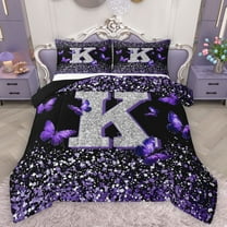 Feelyou Fashion Monogrammed K Bedding Comforter Set, Bling Butterfly Animal Twin Comforter Sets, Black Purple Sequin Print Reversible Bedding Set, Breathable Home Decor, 2-Piece