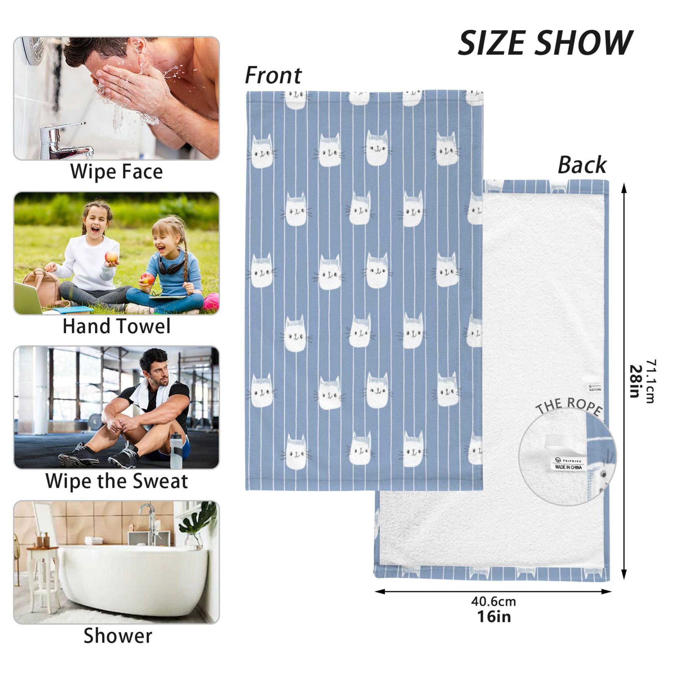2 Pack 100% Cotton Towels Soft Absorbent Towel Set for Bathroom Beach Sports 16x28in White Cat Face Pattern