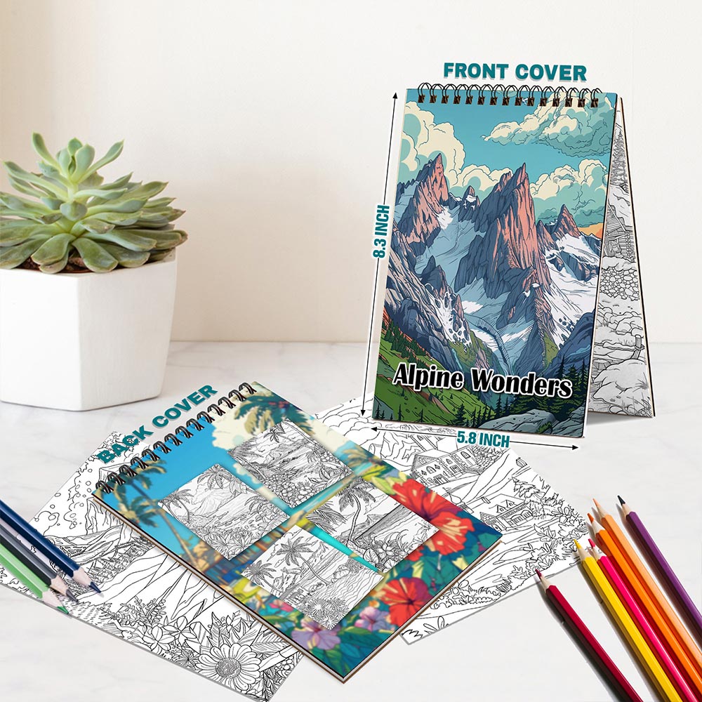 Netecom Alpine Wonders Coloring Book for Adults, A5 Wooden Cover, 30 Scenic Coloring Pages of Miracle Mountains for Stress Relief and Relaxation, Spiral Bound Edition