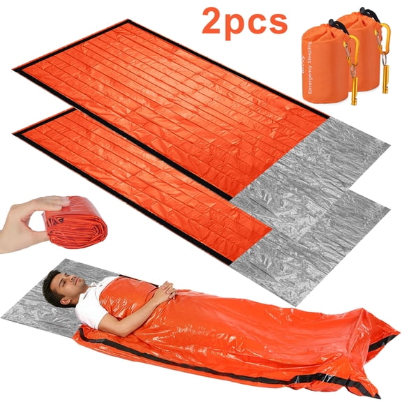 Emergency Sleeping Bags, TSV 2pcs Portable Emergency Blanket Survival Gear for Outside, 102x80in Camping Mylar Sleeping Bag with Nylon Stuff Sack, Orange