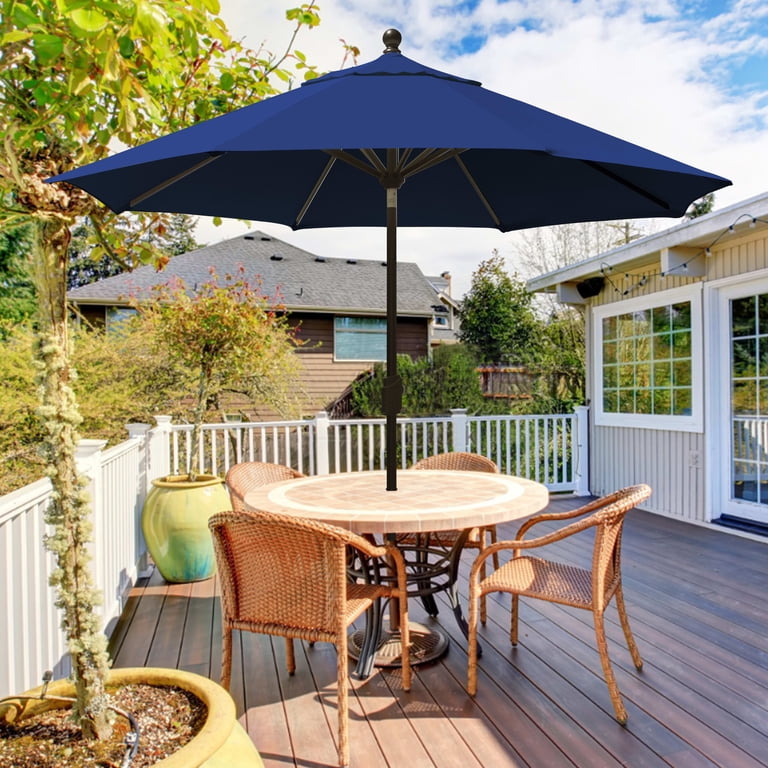 9 ft navy blue patio umbrella 8 rib Sunnyglade 9' Outdoor Table Umbrella with Ribs button tilt function that lets you adjust the shading angle flexibly At Home Navy Blue Outdoor