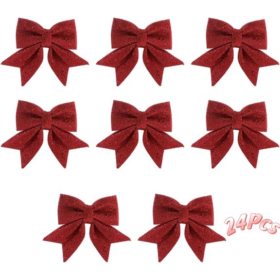 24 Pieces Glitter Christmas Tree Decorations Bow GIXUSIL 6 inches Xmas Wreaths Mini Bows Ornaments Craft Twist Tie Sequin Bow for Party Wedding Favors Gift Wrapping Baby Shower (Red)