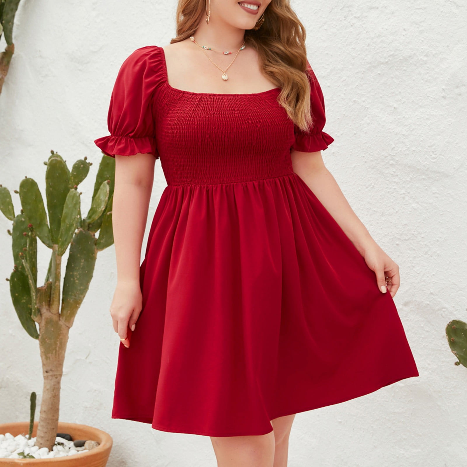 DeHolifer Women's Dress Plus Size Square Neck High Waist Solid Color Short  Sleeve Summer Casual Long Dresses Red 3XL - Walmart.com