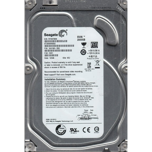 ST2000VX002, 5YD, WU, PN 1AH166-500, FW CV01, Seagate 2TB SATA 3.5 Hard Drive