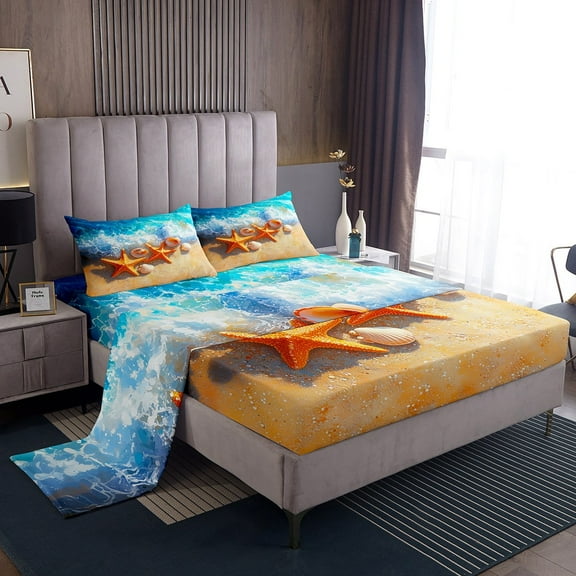 Erosebridal Kawaii Starfish Bed Sheets Set Twin Size, Summer Beach Bed Sheets Twin, Marine Seashell Twin Sheet Sets, Super Cozy Room Decoration, 3-Piece