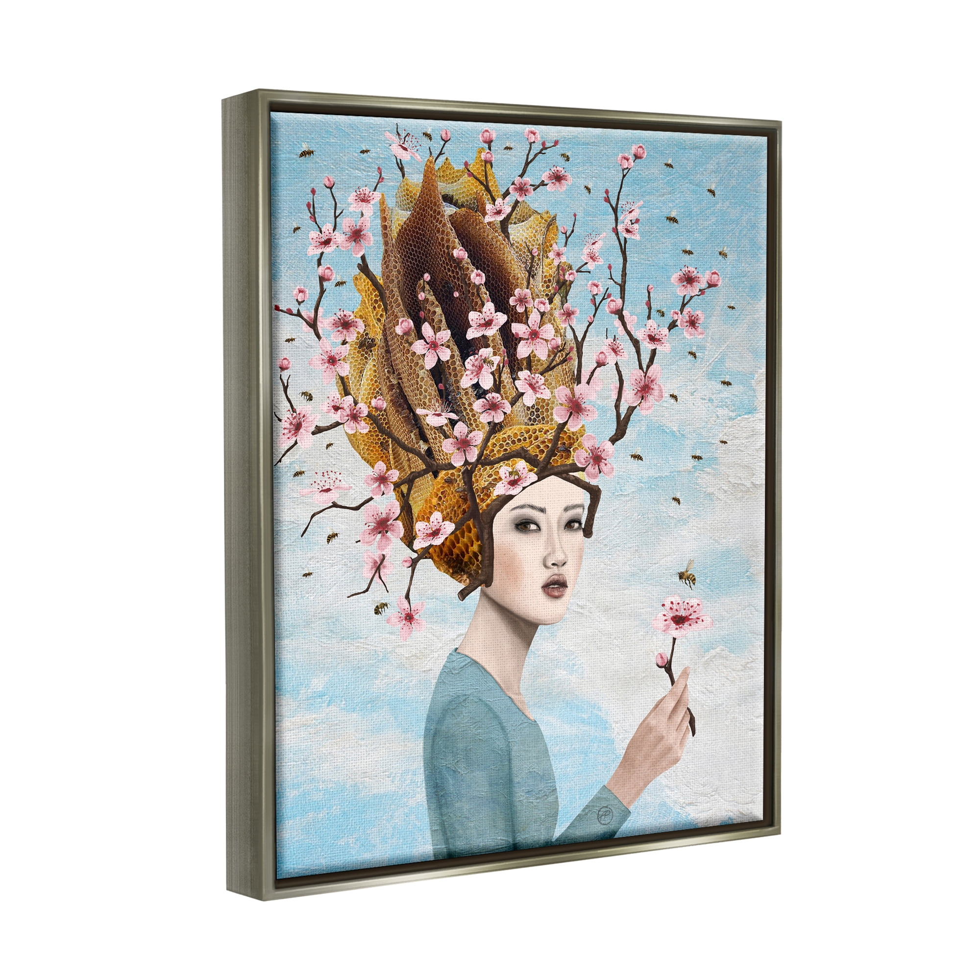 Stupell Industries Cherry Blossom Girl Botanical & Floral Painting Gray Floater Framed Canvas Art Print Wall Art, 25 x 31